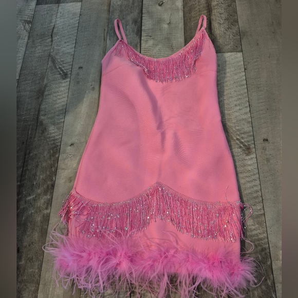 Fashion Nova Dresses & Skirts - Fashion Nova Slip Dress Bodycon Glam Night Feathers Fringe Beads Pink M/L